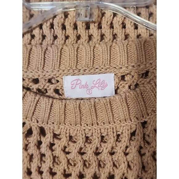 Pink Lily Women’s Small Tan Open Knit Pullover Sweater Long Sleeve Casual Top - Picture 6 of 7